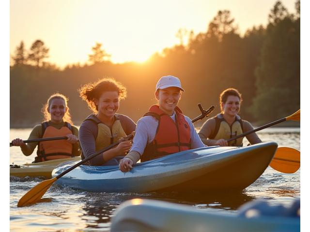 Diverse group of kayakers, some with adaptive equipment, smiling and paddling together on a calm lake.