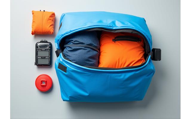 Waterproof dry bag and essential kayaking gear laid out
