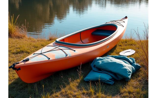 Kayaker preparing gear beside a calm lake with autumn colors