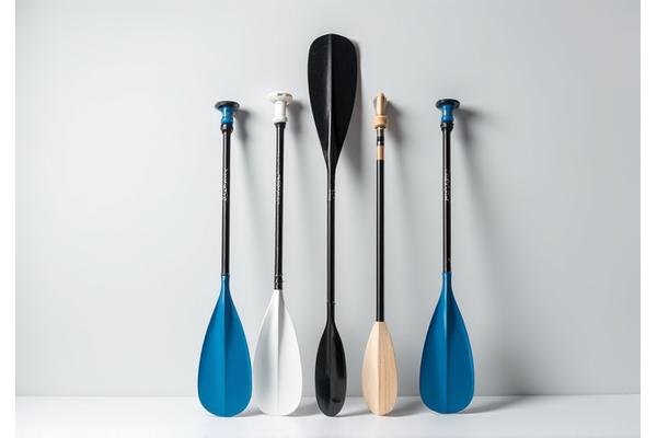 Various kayak paddles leaning against a modern wall