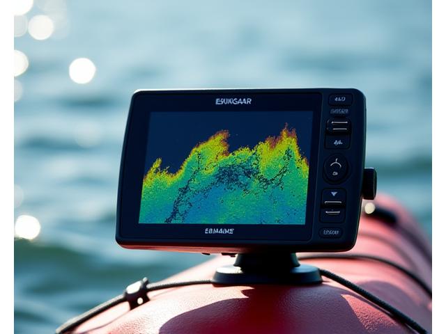 Clear sonar display from a wireless fish finder mounted on a kayak, showing fish arches and underwater structure