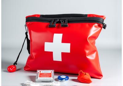 A small, bright red waterproof bag with a cross symbol, containing emergency supplies.